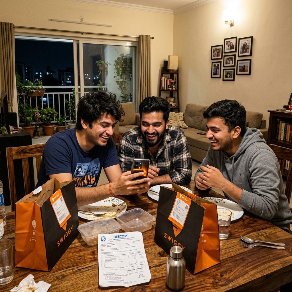 Three young Indian flatmates in a Bangalore apartment looking at a phone together, Swiggy bags and electricity bill on the table