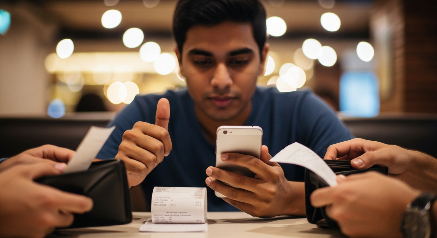 Friends at an Indian dhaba splitting a bill using FairShare Quick Add