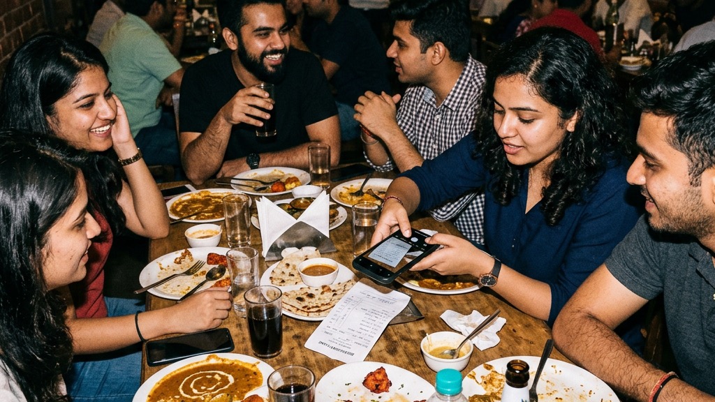 Friends splitting bills and expenses together in India