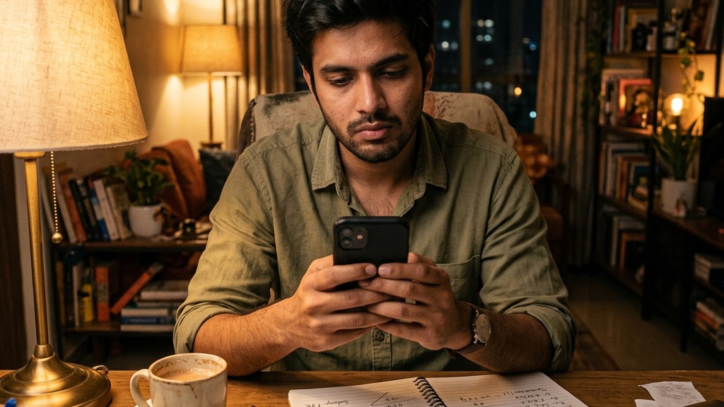 Young Indian man staring at his phone, confused about his expenses, surrounded by receipts
